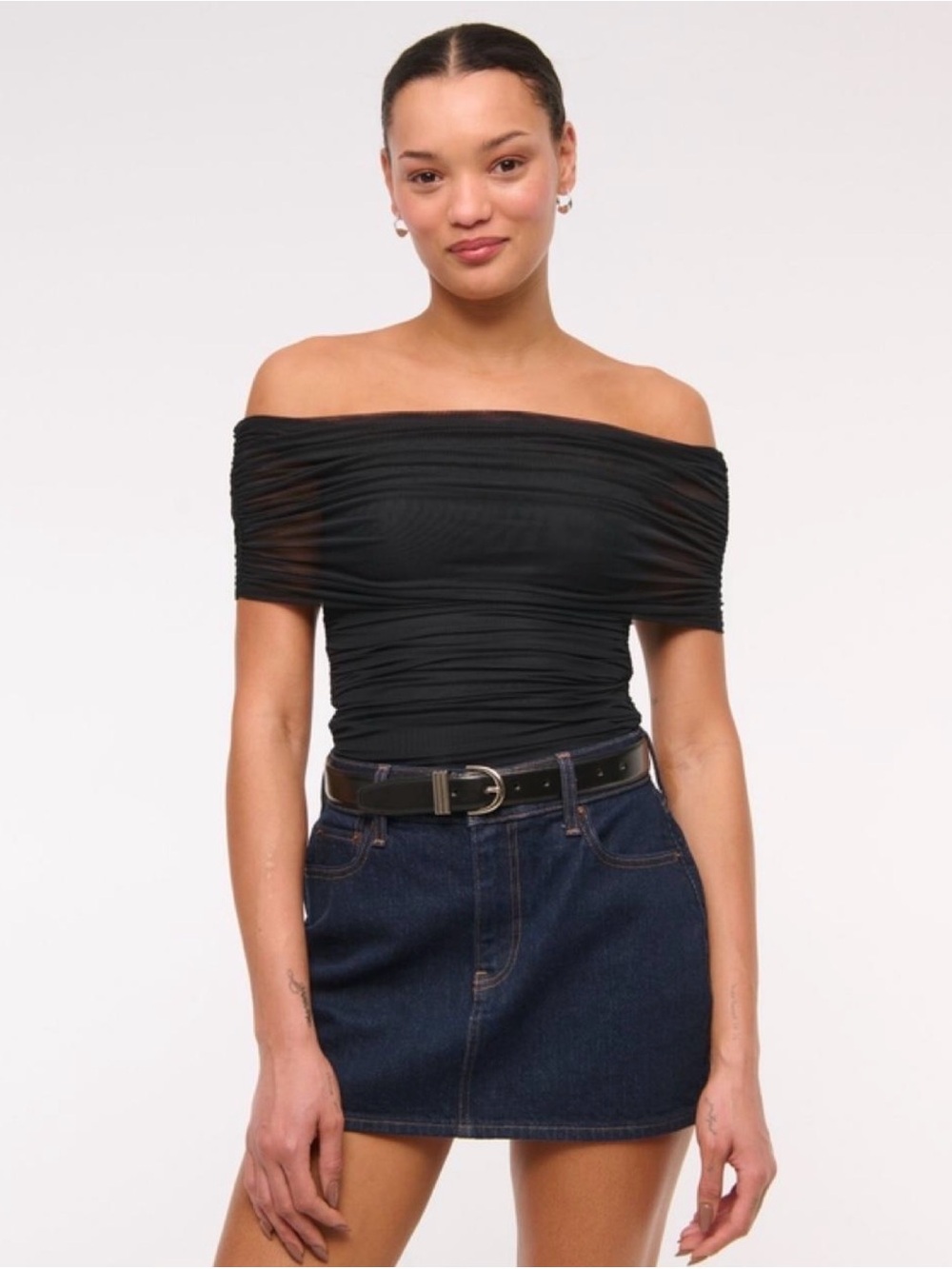 Abercrombie & Fitch Black Off-Shoulder Ruched Bodysuit